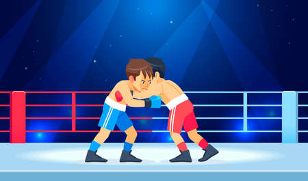 Young guys muscular boxers in boxing gloves stand in a clinch in the ring. Cartoon characters boy vector illustrationのイラスト素材