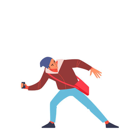 Street riots. An aggressive man of Radical youth throws a stone at the riot police. Flat style character vector illustration isolatedのイラスト素材
