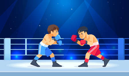 Boys before a boxing match. The guys in the gloves start fighting. Sports, martial arts concept cartoon vector illustrationのイラスト素材