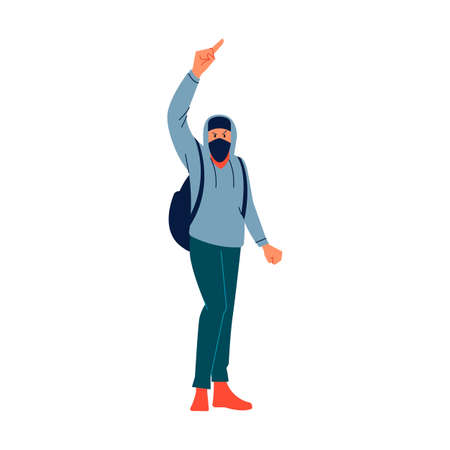 Youth anarchist man in a dark hood and mask demands change, stands in a pose against the authorities with his hands raised at street riots. Flat style character vector illustration isolatedのイラスト素材