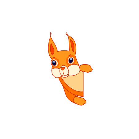 Curious red squirrel peeking behind the tree trunk. Cartoon character of a mammalian rodent. A wild forest creature with orange fur. Side view. Vector flat illustration isolated on a white backgroundのイラスト素材