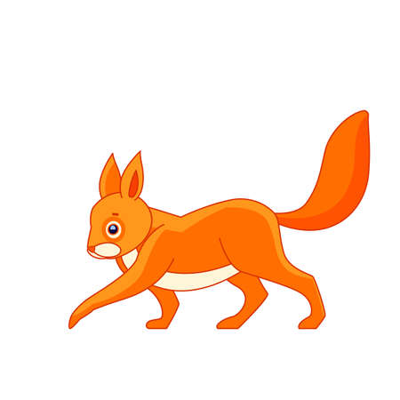 The orange squirrel walks. Cartoon character of a small mammal animal. A wild forest creature with red-red fur. Side view. Vector illustration in a flat style, isolated on a white backgroundのイラスト素材