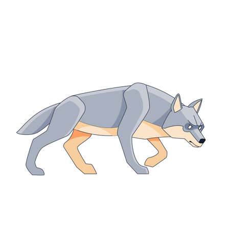 Wolf on the hunt. Canis lupus. Cartoon character of a dangerous mammal animal. A wild forest creature with gray fur. Side view. Vector flat illustration isolated on a white backgroundのイラスト素材