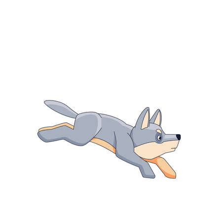 Funny little wolf jumps and plays. Cartoon character of a dangerous mammal animal. A wild forest creature with gray fur. Side view. Vector flat illustration isolated on a white backgroundのイラスト素材