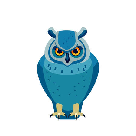 Owl is a bird of prey, mainly nocturnal birds. Eagle horned owl Cartoon flat style beautiful character of ornithology, vector illustration isolated on white backgroundのイラスト素材