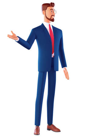 3d man. Smiling cute businessman brunette man in glasses wearing a blue suit, showing empty copy space on open hand palm for text. Side view. Minimal stylized art style. 3d render on white background.の写真素材