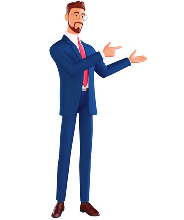3d man pointing away hands together and showing or presenting something while standing and smiling. Man pointing copy space. Emotion and body language concept in cartoon style 3d render illustrationの写真素材