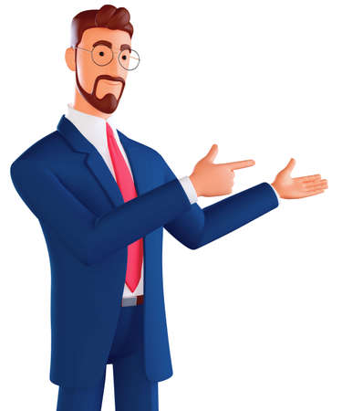 3d character portrait of positive man promoter point index finger copyspace hold hand demonstrates offer ads promo wear good look suit isolated over a white backgroundの写真素材