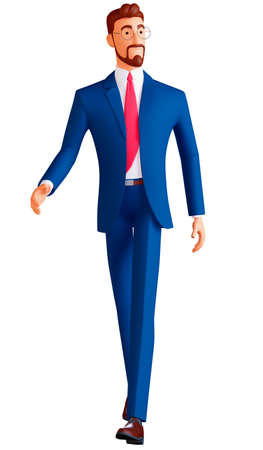 3d character full length picture of a elegant business man walking on white background, looking awayの写真素材