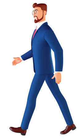 3d character Full-length profile of a young bearded man walking isolated on white background.の写真素材