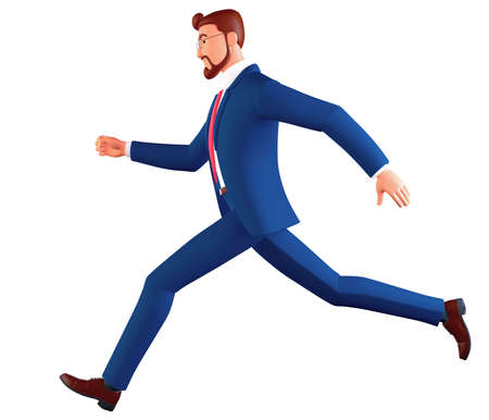3d render. Man in glasses wearing a blue suit runs. Businessman cartoon character in a hurry, simply business career clipart isolated on white background..の写真素材