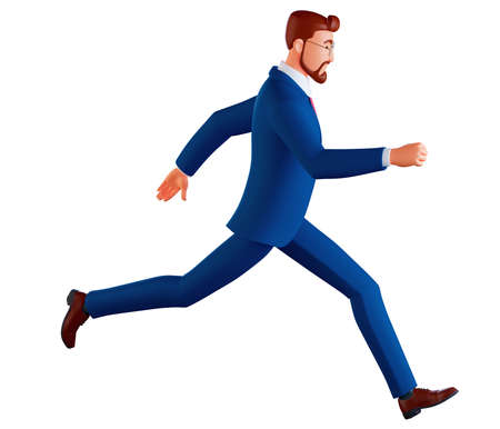 3d Business man running fast. Late business person rushing in a hurry to get on time. 3d rendering character illustration isolated on white.の写真素材