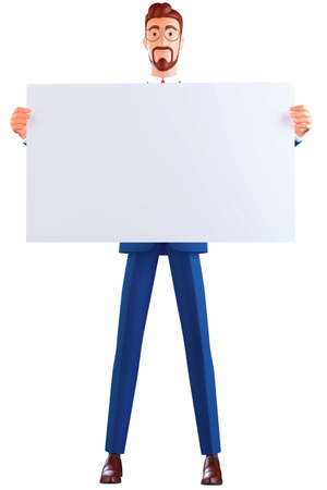 3 d cartoon character. Your advertisement is in good hands. Handsome young business man holding big blank with copy space. Isolated on whiteの写真素材