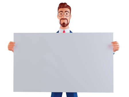 3d Portrait of businessman showing blank signboard, with copy space area for text or slogan, against a white background.の写真素材