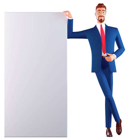 A man businessman in a suit points with his hand to an empty space to insert text. A man smiles against the background of a sheet from a notebook and a board for presentations. 3d rendering.の写真素材