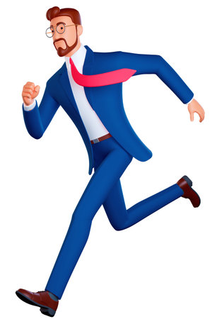 Businessman running fast with a waving necktie. Late business person rushing in a hurry to get on time. 3d rendering style character illustration isolated on white. Side view.の写真素材