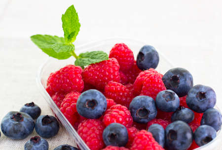 fresh bilberries and raspberries in a bowl の写真素材