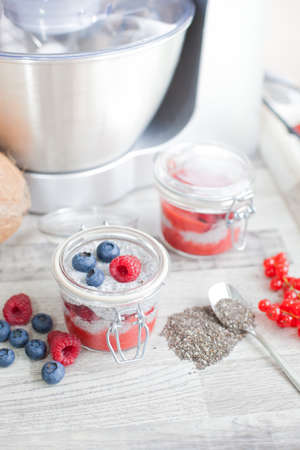 Chia seed pudding with berriesの写真素材