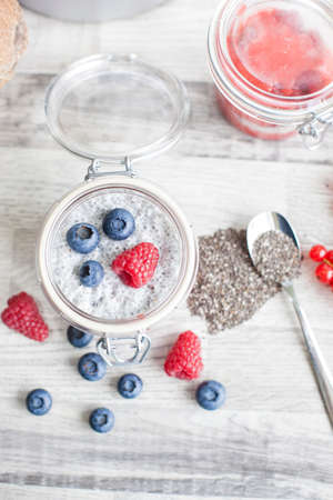 Chia seed pudding with berriesの写真素材