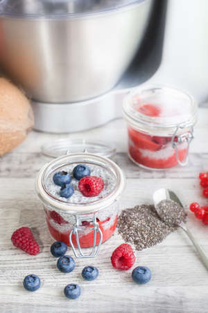 Chia seed pudding with berriesの写真素材