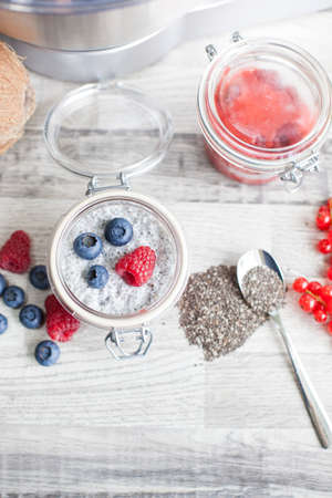 Chia seed pudding with berriesの写真素材