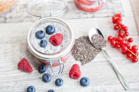 Chia seed pudding with berriesの写真素材