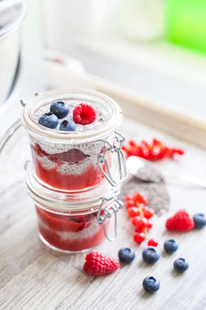 Chia seed pudding with berriesの写真素材