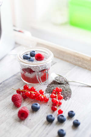Chia seed pudding with berriesの写真素材