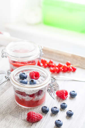 Chia seed pudding with berriesの写真素材