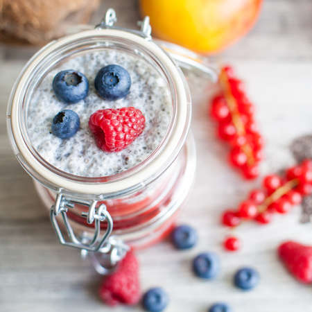 Chia seed pudding with berriesの写真素材