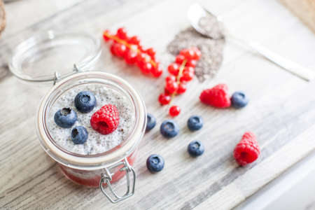 Chia seed pudding with berriesの写真素材