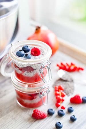 Chia seed pudding with berriesの写真素材