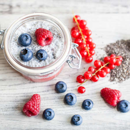Chia seed pudding with berriesの写真素材