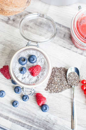 Chia seed pudding with berriesの写真素材