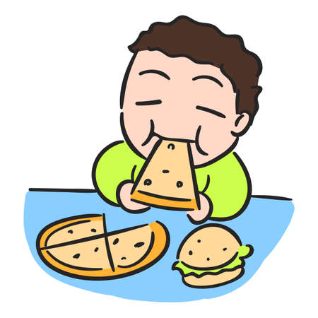 Cartoon boy is eating pizza, isolated vector stockのイラスト素材