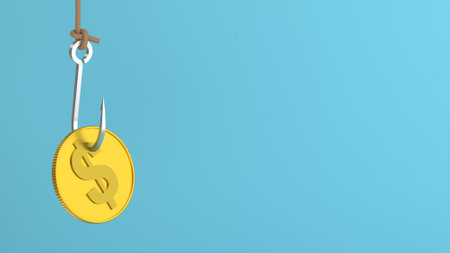 Gold dollar coin on a fishing hook on blue background. 3d illustration
