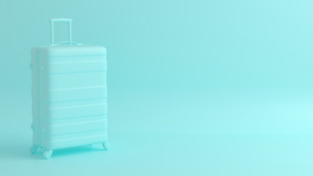 3D rendering of a white suitcase isolated on blue background in pastel colorsの写真素材
