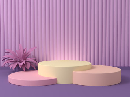 Abstract background There are 3 pallet stands in pastel colors, pink, purple and yellow colors. 3D Scene.の写真素材