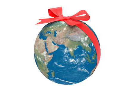Earth with red ribbon on a white backgroundの写真素材