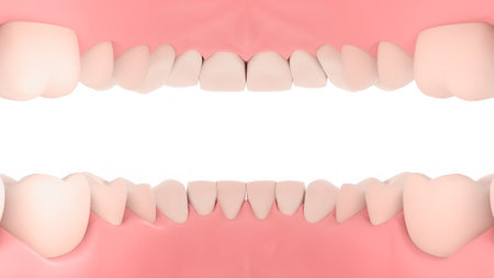 3d render of teeth in pink color over white background with copy spaceの写真素材