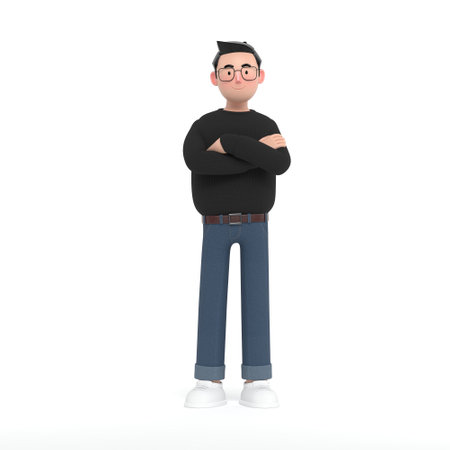Young creative businessman standing with his arms crossed in a black sweater and jeans.3D Render.の写真素材