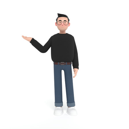 A young creative businessman standing with his arms crossed in a black sweater is pointing to the left side of the picture.3D Render.の写真素材