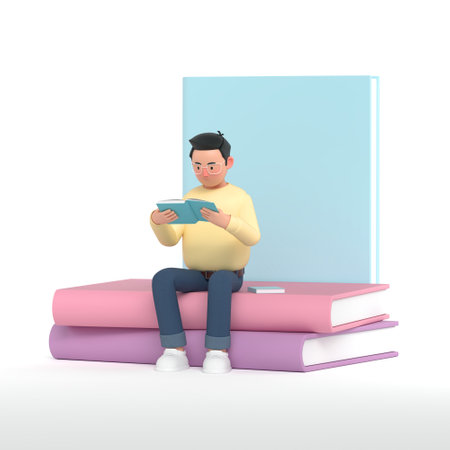 A man sitting intently reading a book on a pile of books. 3D scene.の写真素材