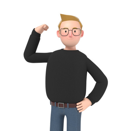 A man with his own style stands with his right arm raised. 3D render.