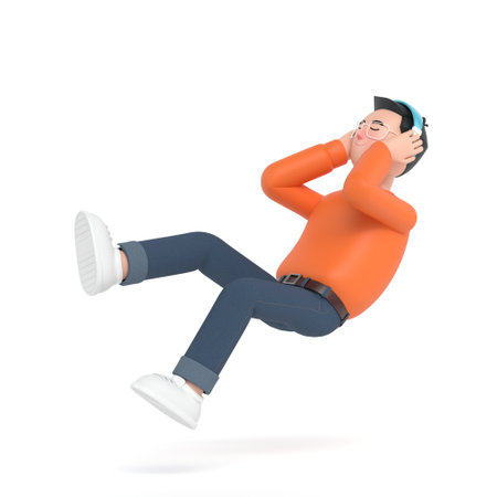 Men are listening to music with headphones comfortably and happily.3D Render.の写真素材