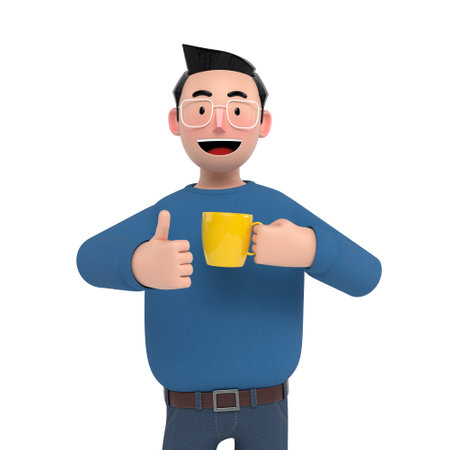 Man wearing glasses holding yellow glasses and thumbs up. 3D Scene.の写真素材