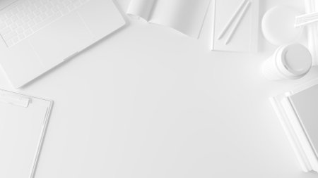 White office desk table with laptop, supplies and coffee cup. Top view with copy space. 3d renderingの写真素材