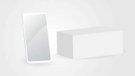 Blank Phone and Box Mockup in White Background. Realistic Blank White Phone and Phone's Box Template Mockupのイラスト素材