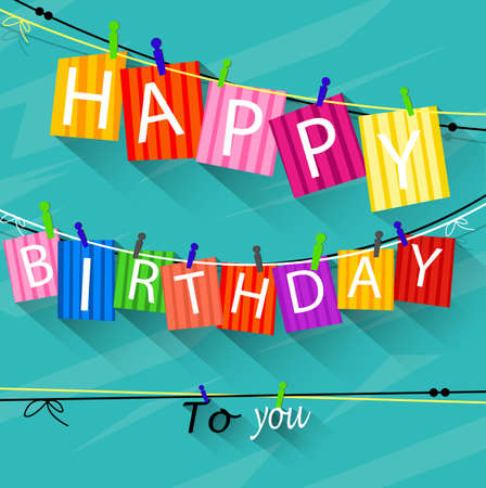 Birthday card with Clothespin and colorful letters hang on ropeのイラスト素材