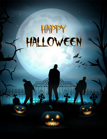 Vector illustration of Halloween background with pumpkin and zombie walking out from graveのイラスト素材